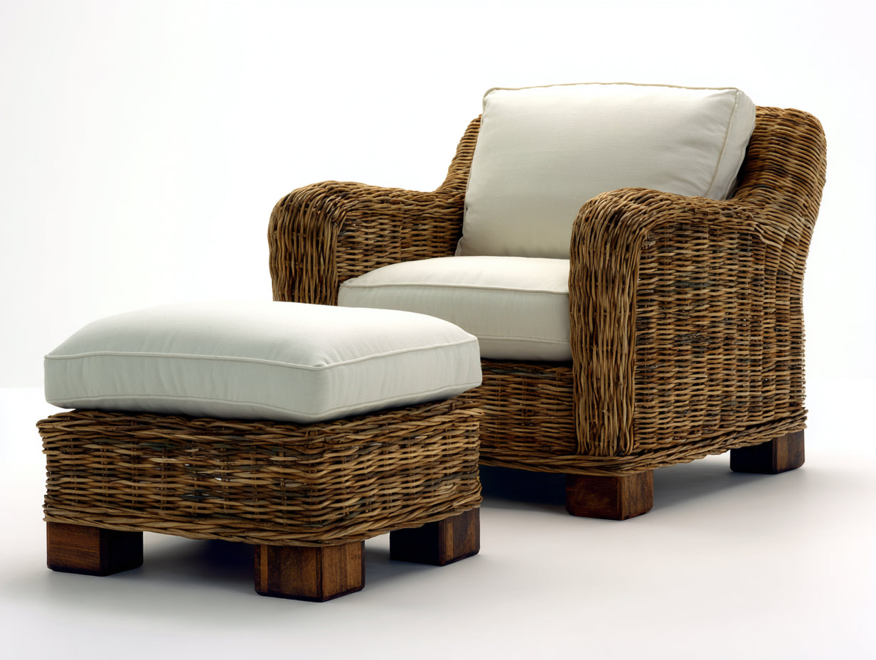 Poltrona da giardino - rattan-legno-tessuto - 91x89x88 cm - marrone scuro-avorio - stile rustico avvolgente