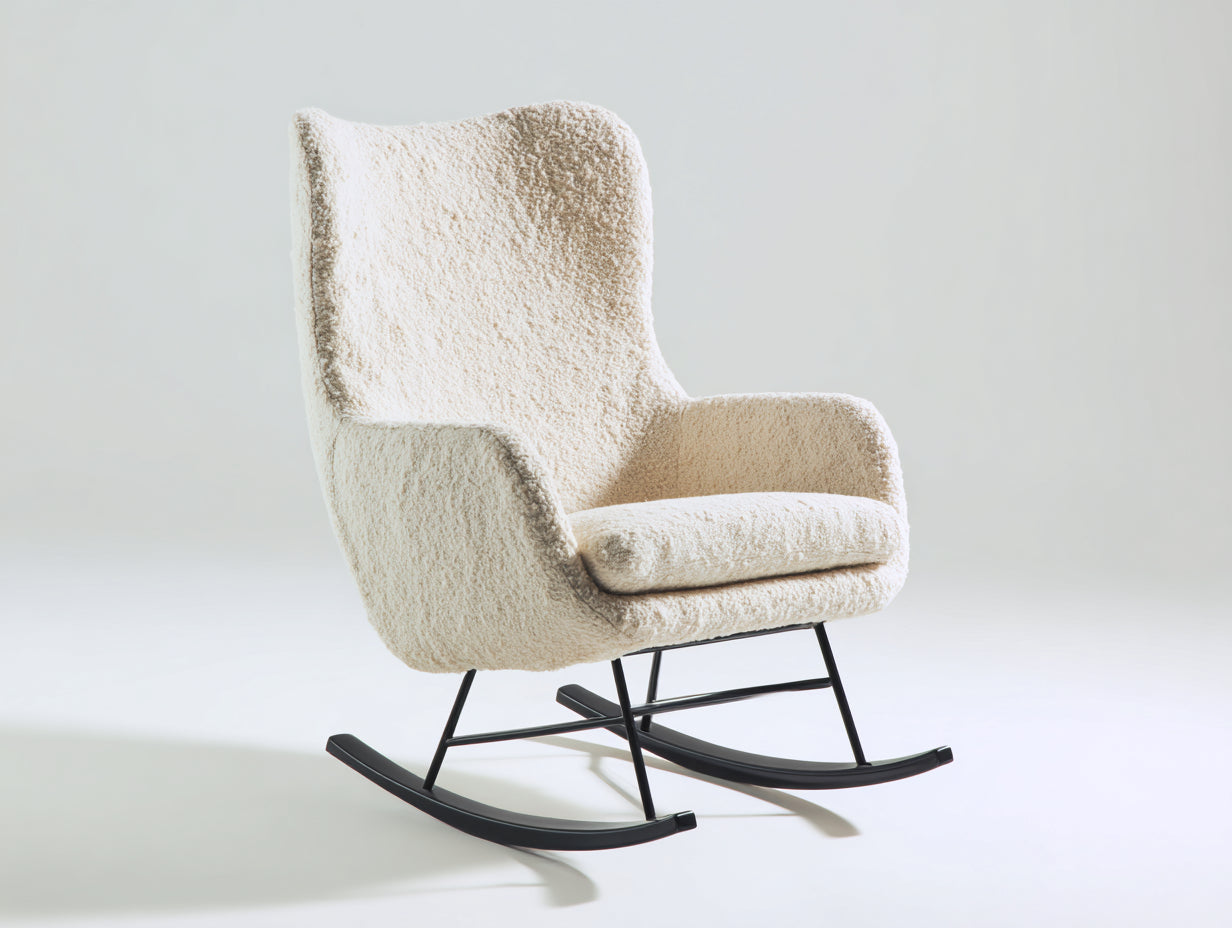 Sedia a dondolo - tessuto bouclé-metallo - 86x74x103 cm - bianco crema-nero - stile contemporaneo
