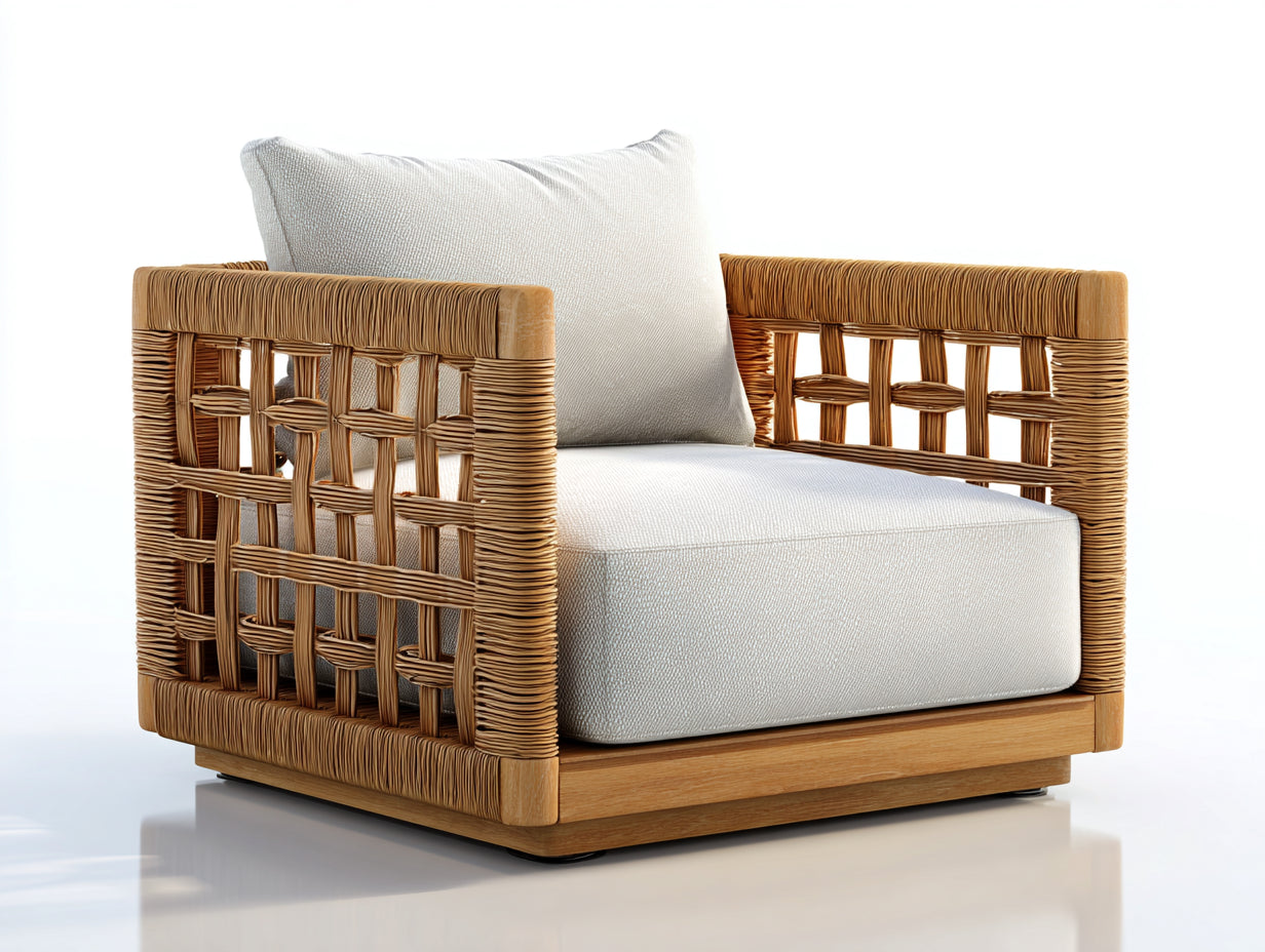 Poltrona da giardino - legno-rattan-tessuto - 88x86x80 cm - marrone miele-bianco crema - stile geometrico contemporaneo