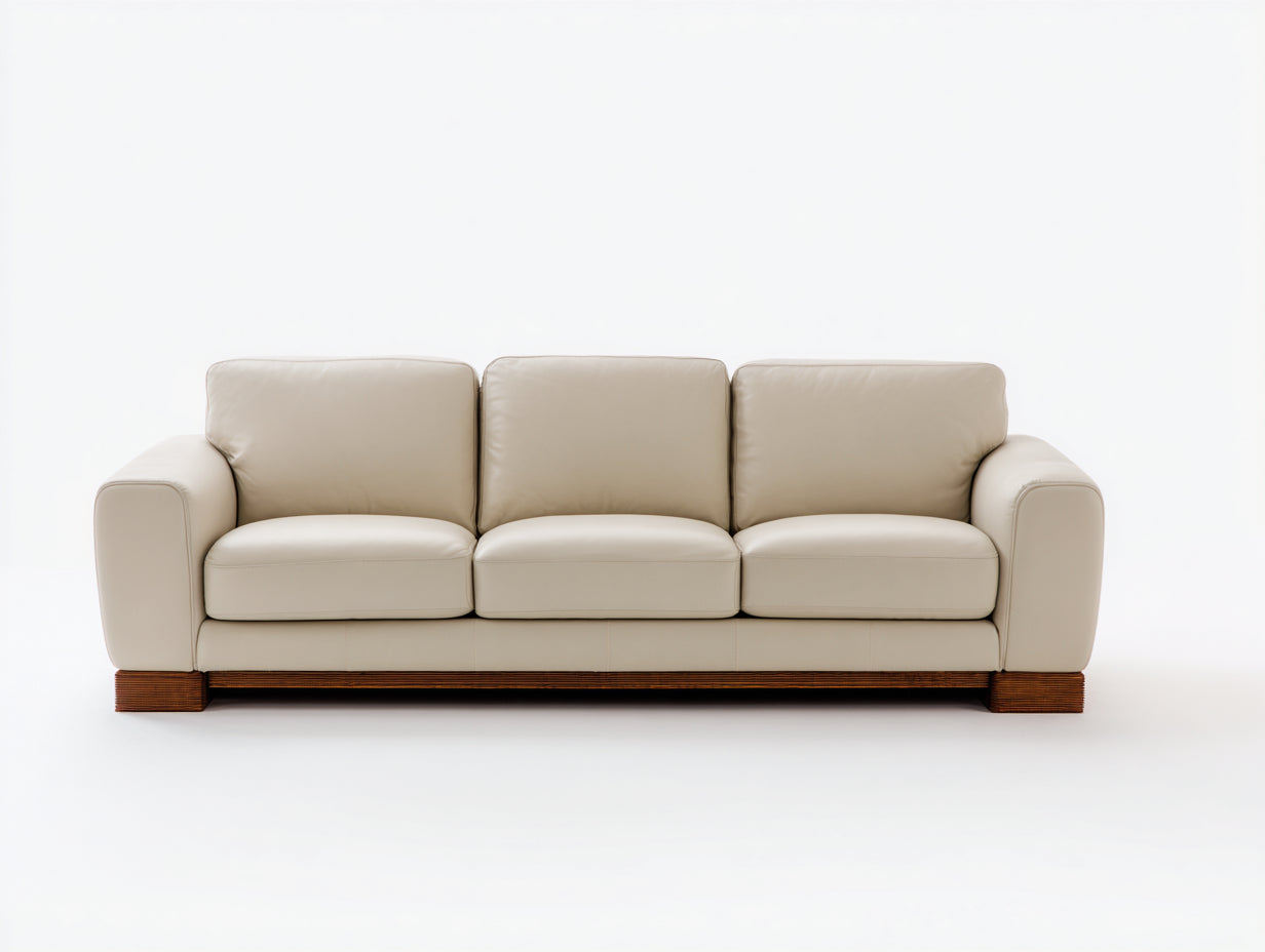 Divano a 3 posti - pelle sintetica-legno - 227x95x86 cm - beige crema - stile contemporaneo morbido