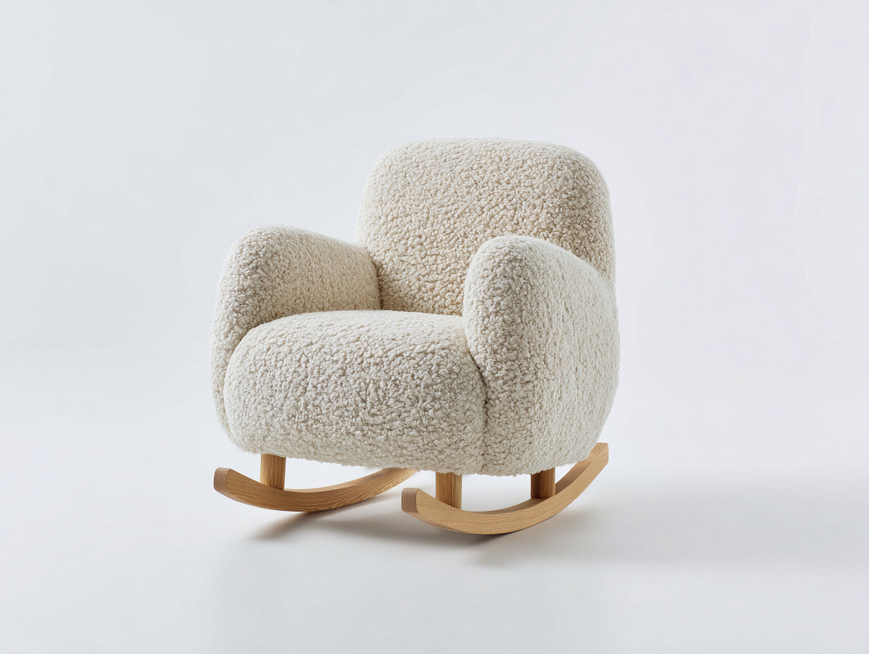 Sedia a dondolo - tessuto bouclé-legno - 84x78x91 cm - crema-naturale - stile moderno