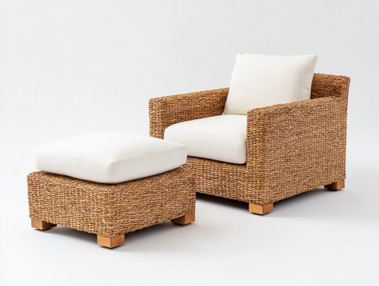 Poltrona da giardino - fibra naturale-legno-tessuto - 93x90x86 cm - marrone caldo-bianco crema - stile materico contemporaneo