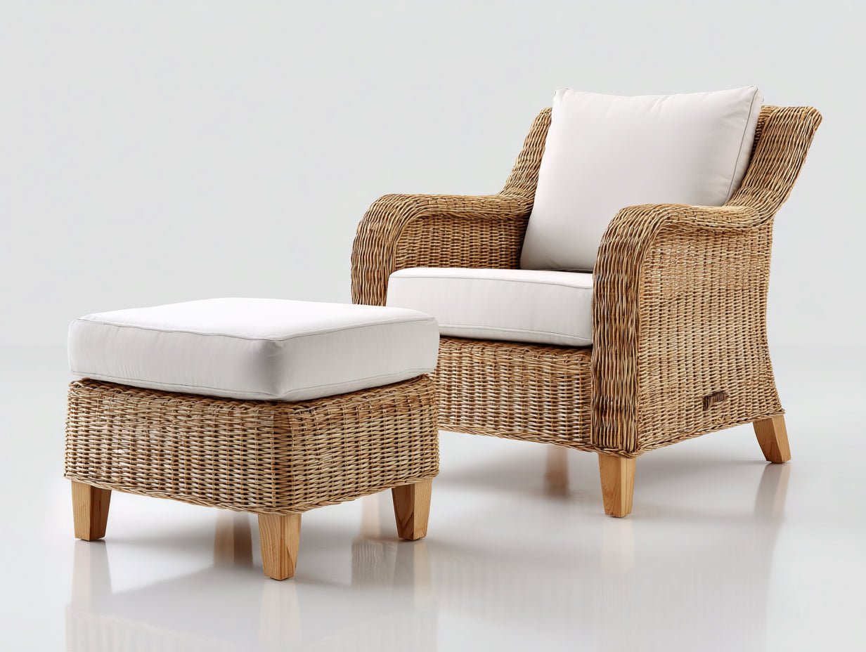 Poltrona da giardino - rattan-legno-tessuto - 90x87x91 cm - marrone naturale-avorio - stile curvo raffinato