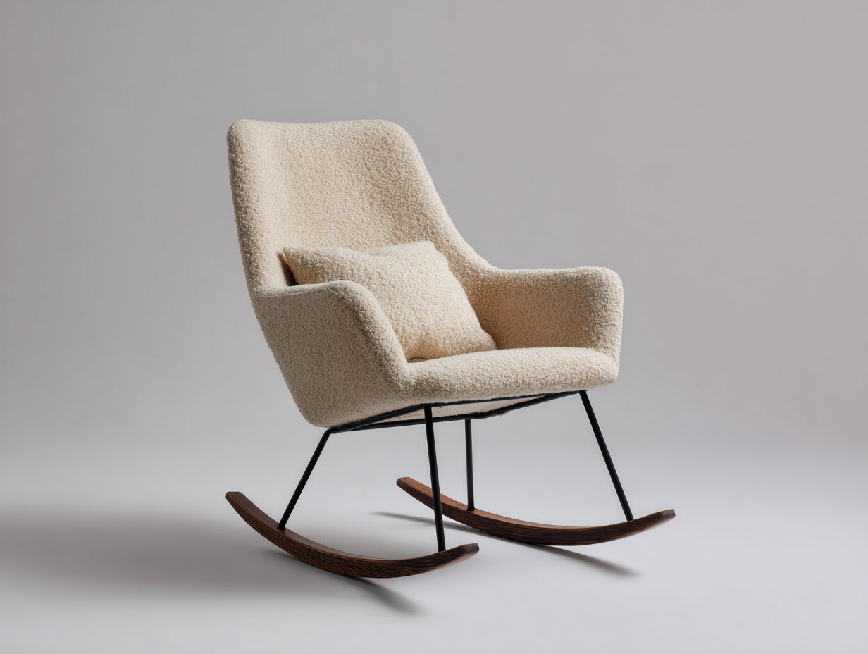 Sedia a dondolo - tessuto bouclé-metallo-legno - 84x76x99 cm - beige-nero-marrone - stile moderno