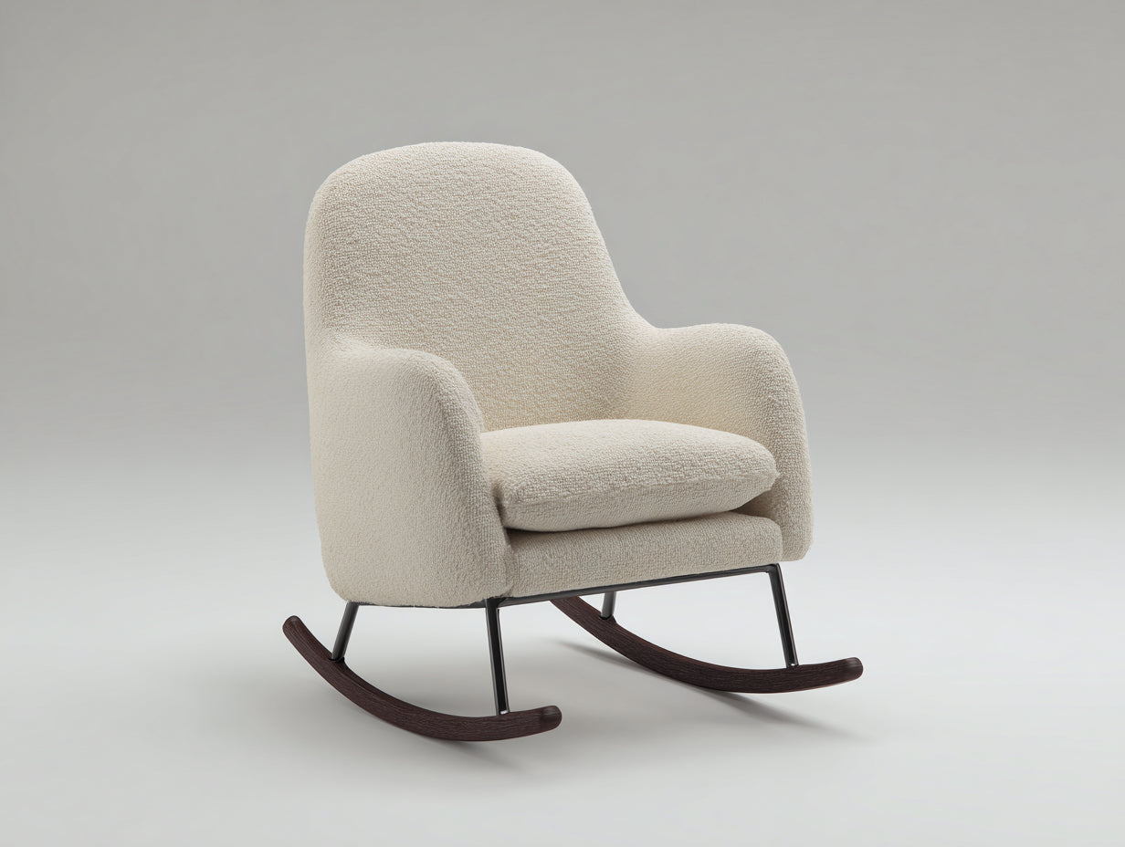 Sedia a dondolo - tessuto bouclé-metallo-legno - 85x76x98 cm - bianco crema-nero-marrone scuro - stile moderno