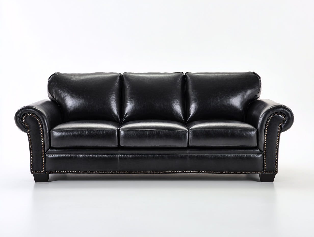 Divano a 3 posti - pelle sintetica-legno-metallo - 236x101x90 cm - nero - stile classico con braccioli arrotolati