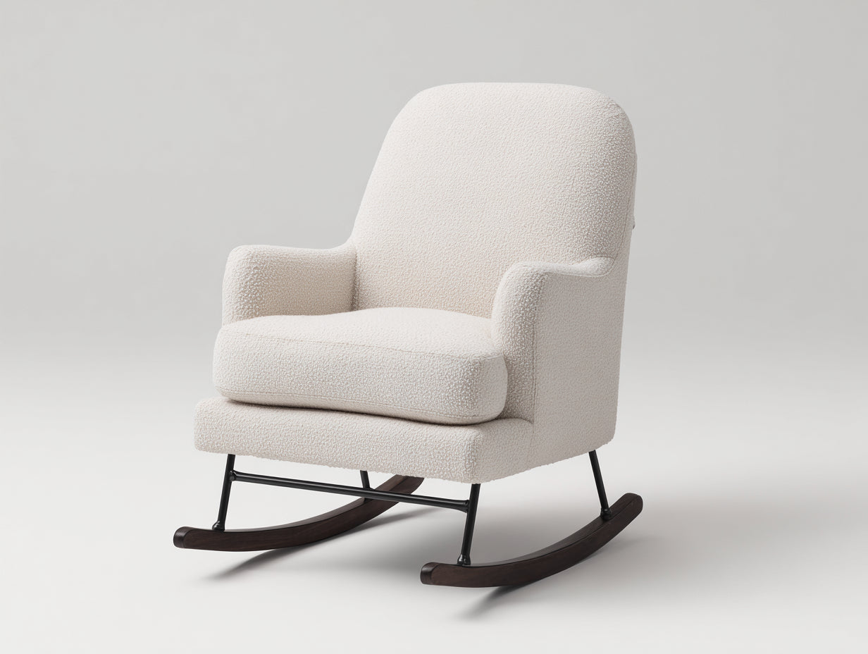 Sedia a dondolo - tessuto bouclé-metallo-legno - 82x75x105 cm - bianco crema-nero-marrone scuro - stile contemporaneo