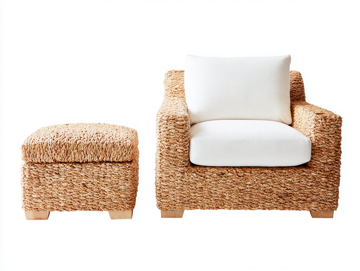 Poltrona da giardino - rattan-legno-tessuto - 92x90x82 cm - marrone chiaro-bianco - stile materico contemporaneo