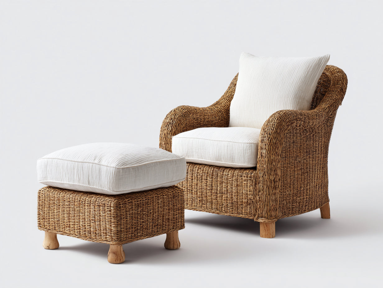 Poltrona da giardino - rattan-legno-tessuto - 88x86x94 cm - marrone naturale-bianco crema - stile avvolgente classico