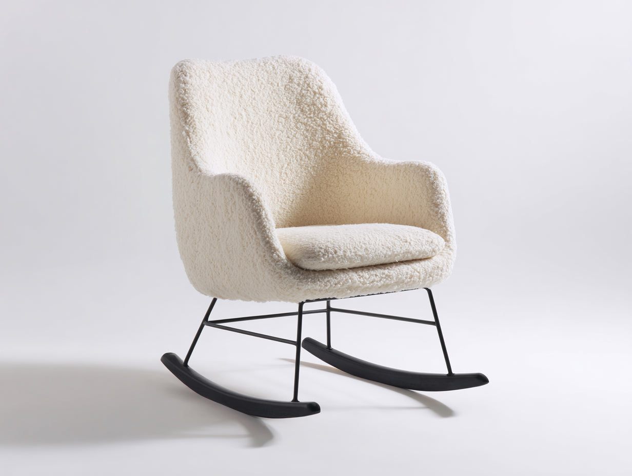 Sedia a dondolo - tessuto bouclé - metallo - legno - 84x72x96 cm - bianco crema-nero - stile moderno