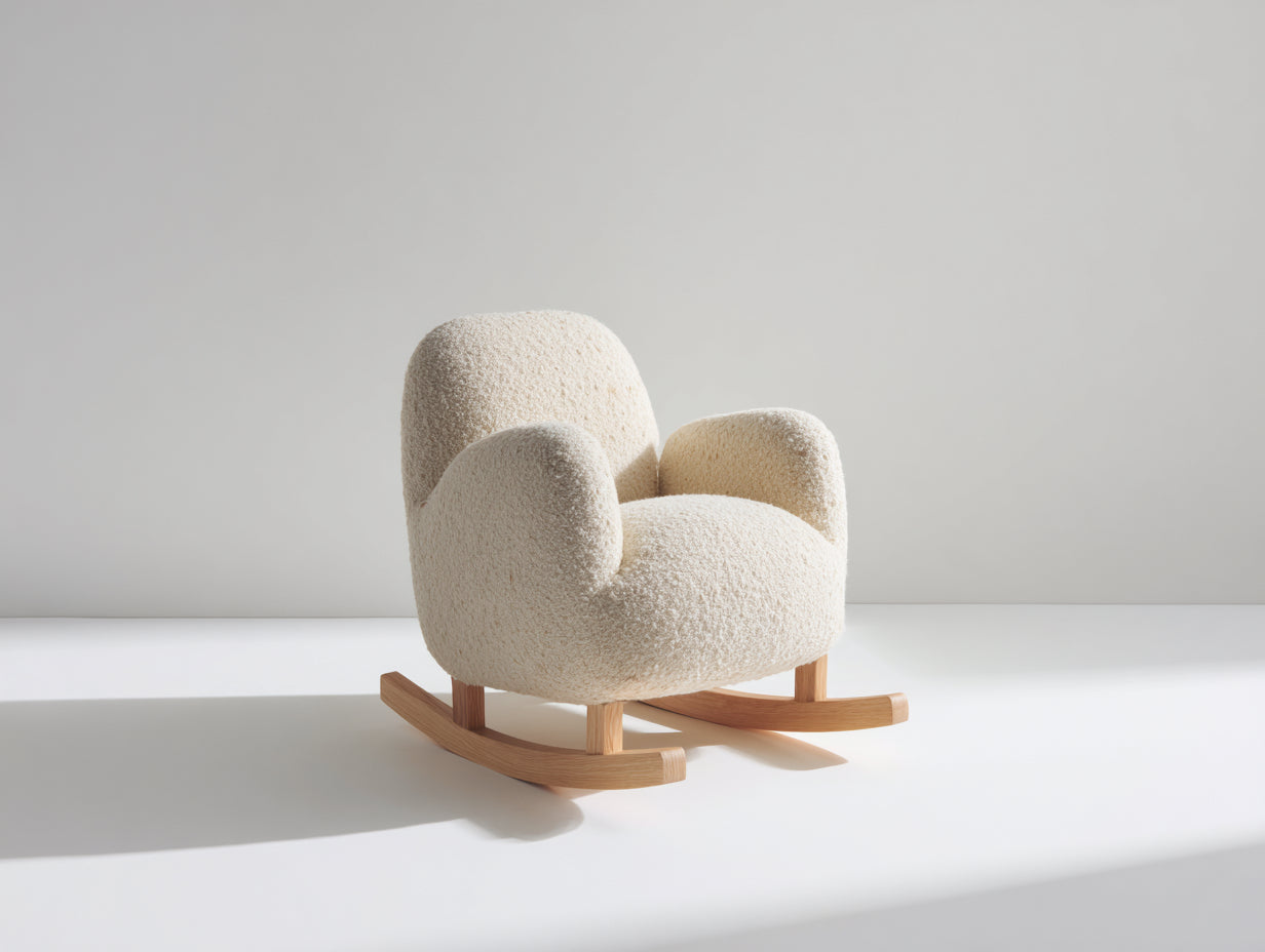 Sedia a dondolo - tessuto bouclé-legno - 78x72x80 cm - bianco crema-legno naturale - stile moderno