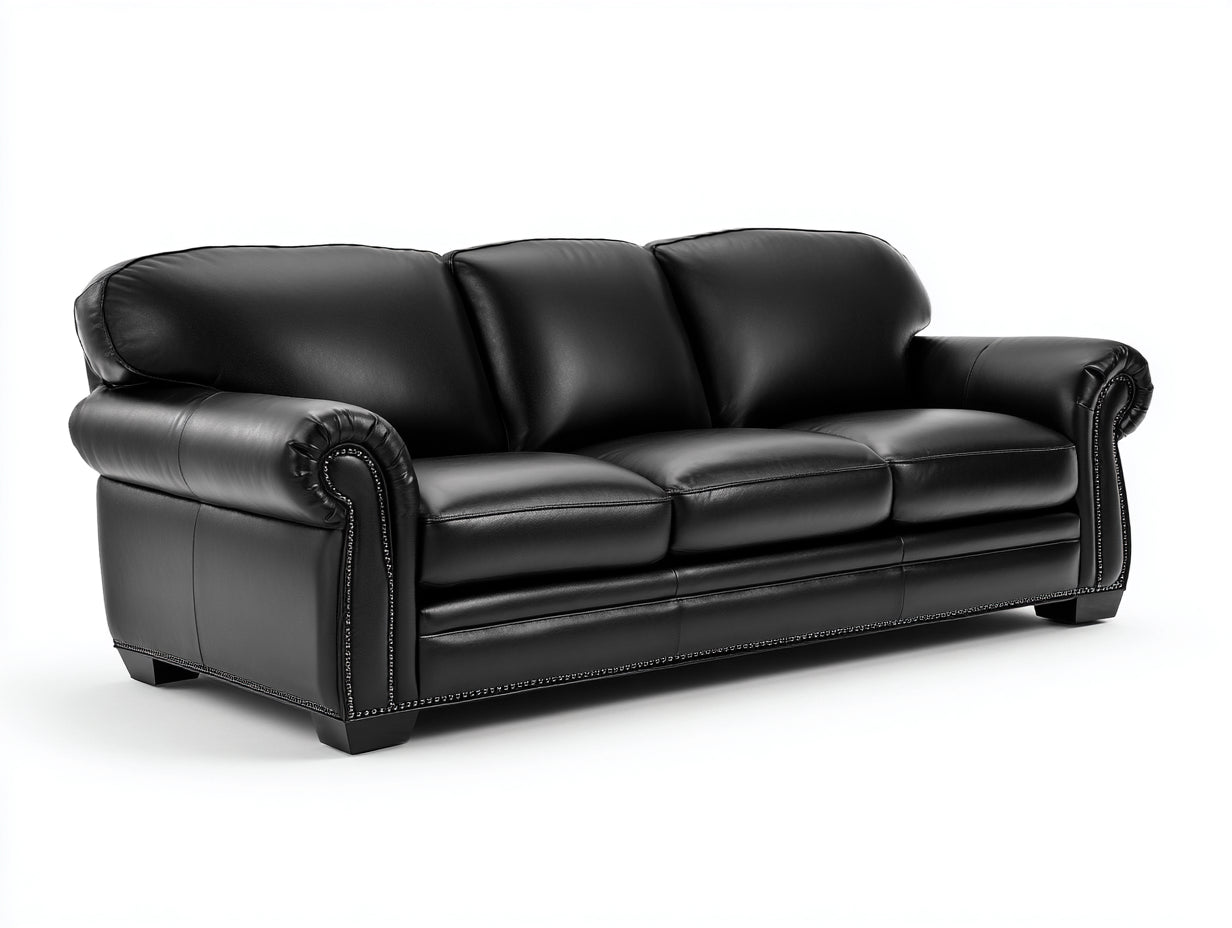 Divano a 3 posti - pelle sintetica-legno-metallo - 238x102x91 cm - nero - stile classico con braccioli arrotolati