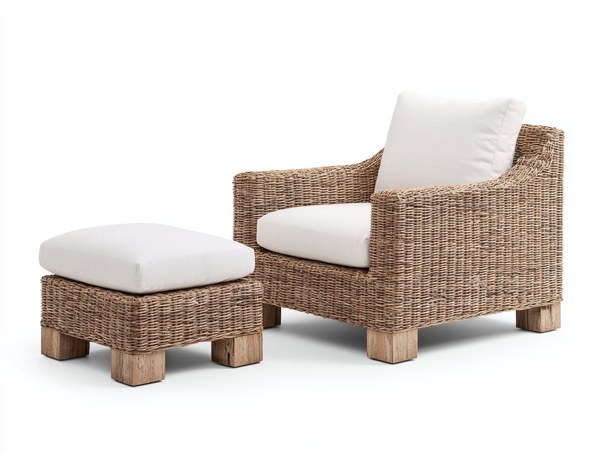Poltrona da giardino - rattan-legno-tessuto - 89x86x86 cm - marrone naturale-bianco avorio - stile artigianale avvolgente