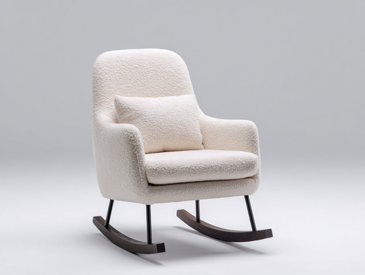 Sedia a dondolo - tessuto bouclé-metallo-legno - 83x75x99 cm - bianco crema-nero-marrone scuro - stile contemporaneo