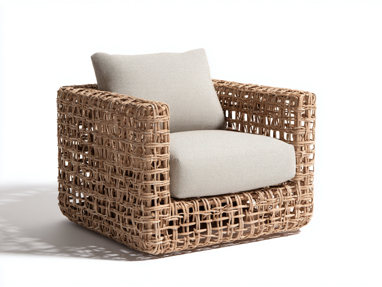 Poltrona da giardino - rattan-tessuto - 86x84x80 cm - marrone naturale-beige sabbia - stile intrecciato contemporaneo