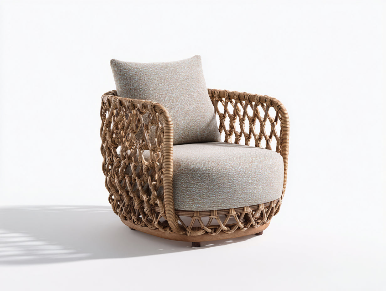 Poltrona da giardino - rattan-tessuto - 84x80x83 cm - marrone naturale-beige - stile organico contemporaneo