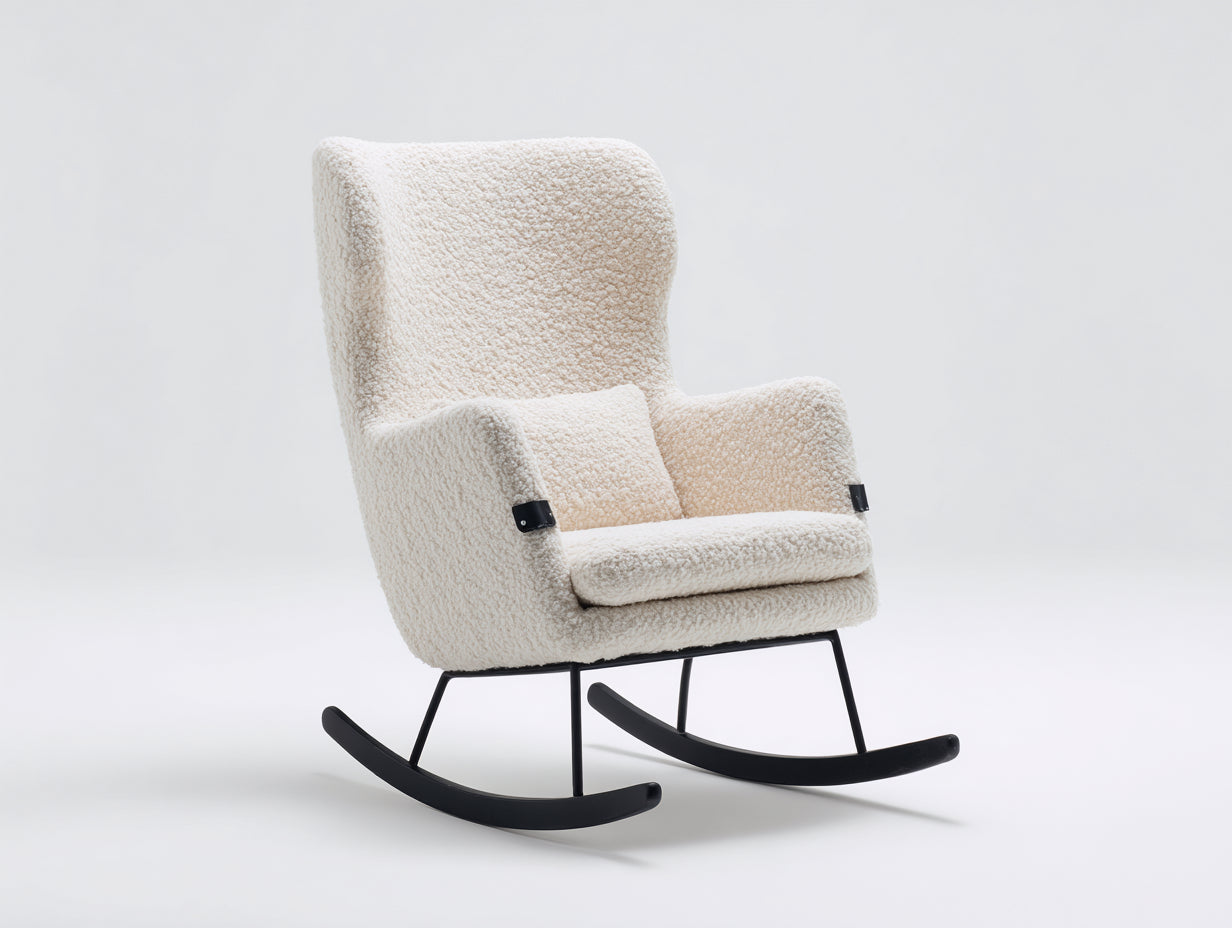 Sedia a dondolo - tessuto bouclé-metallo - 86x80x106 cm - crema-nero - stile nordico
