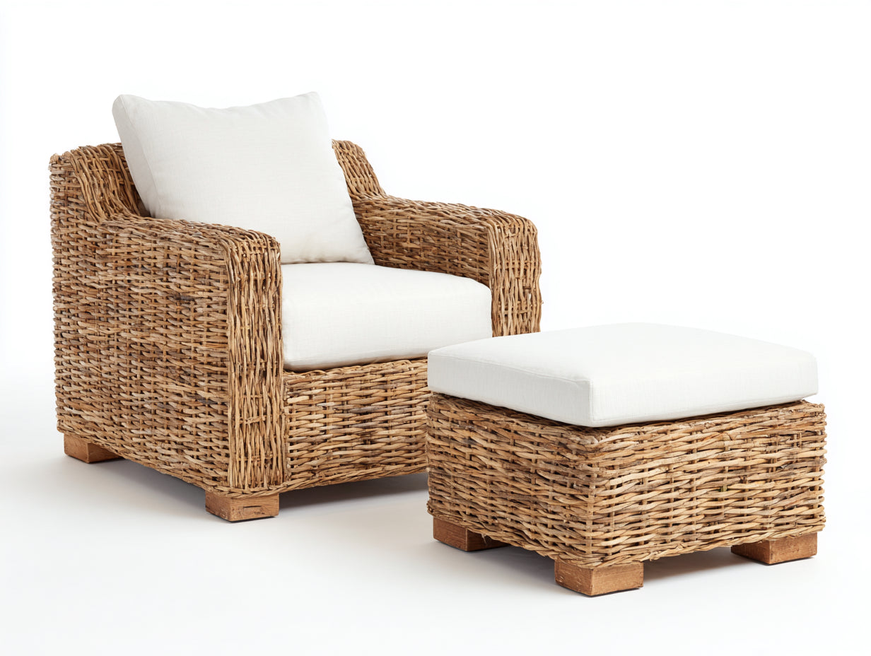 Poltrona da giardino - rattan-legno-tessuto - 89x87x90 cm - beige naturale-bianco avorio - stile avvolgente rustico