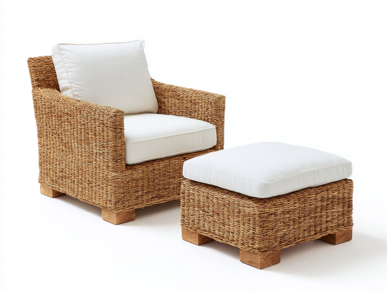 Poltrona da giardino - rattan-legno-tessuto - 89x86x83 cm - marrone naturale-bianco lino - stile lineare contemporaneo