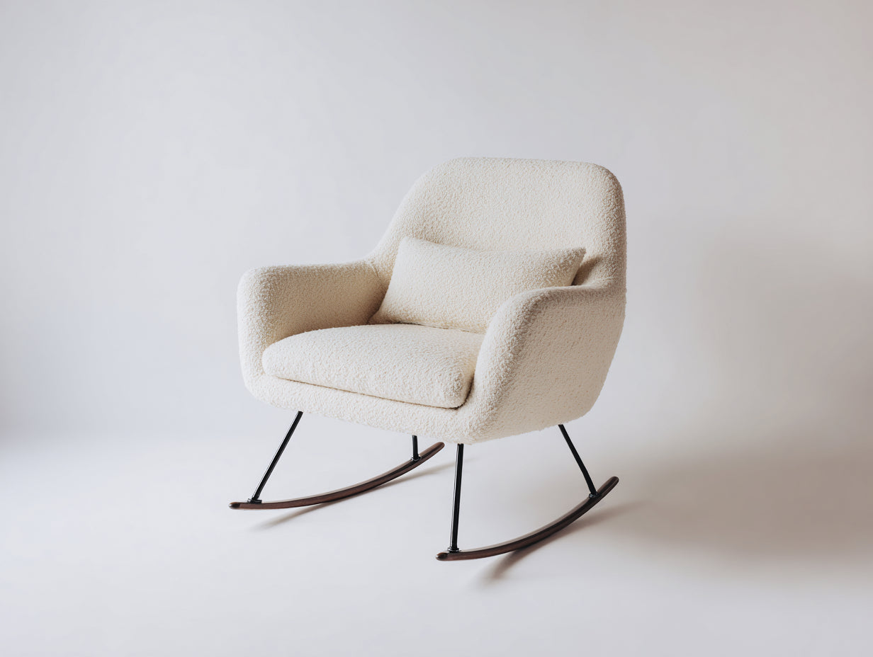 Sedia a dondolo - tessuto bouclé-metallo-legno - 88x81x98 cm - crema-marrone - stile contemporaneo