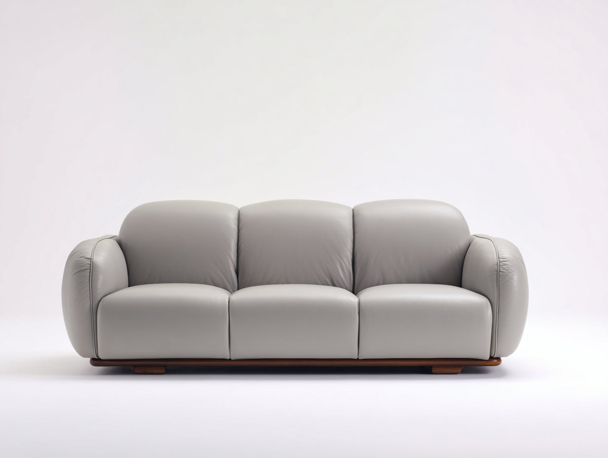 Divano a 3 posti - pelle sintetica-legno - 232x98x85 cm - grigio perla - stile moderno arrotondato