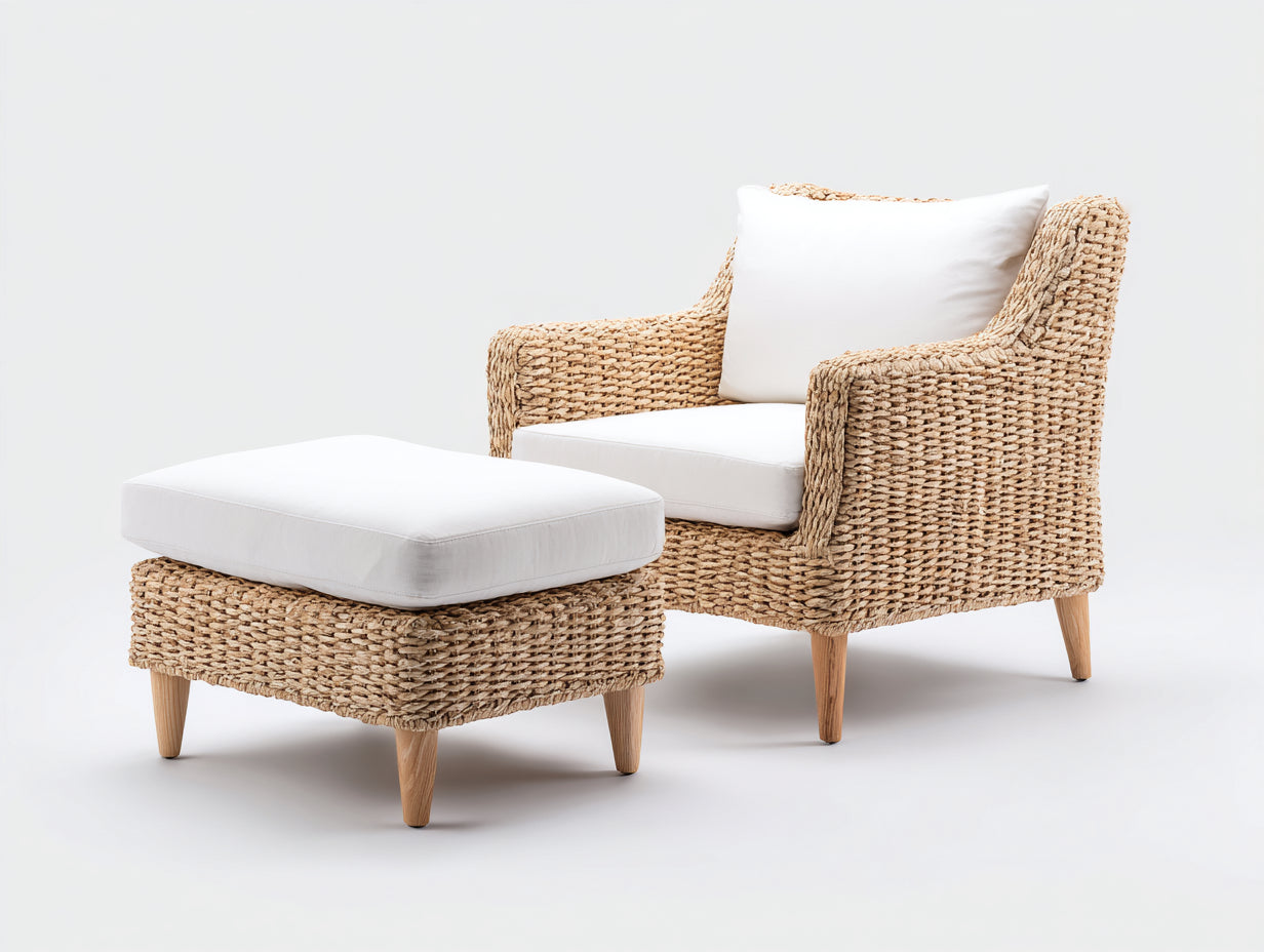 Poltrona da giardino - fibra naturale-legno-tessuto - 88x85x93 cm - sabbia-bianco crema - stile slanciato contemporaneo