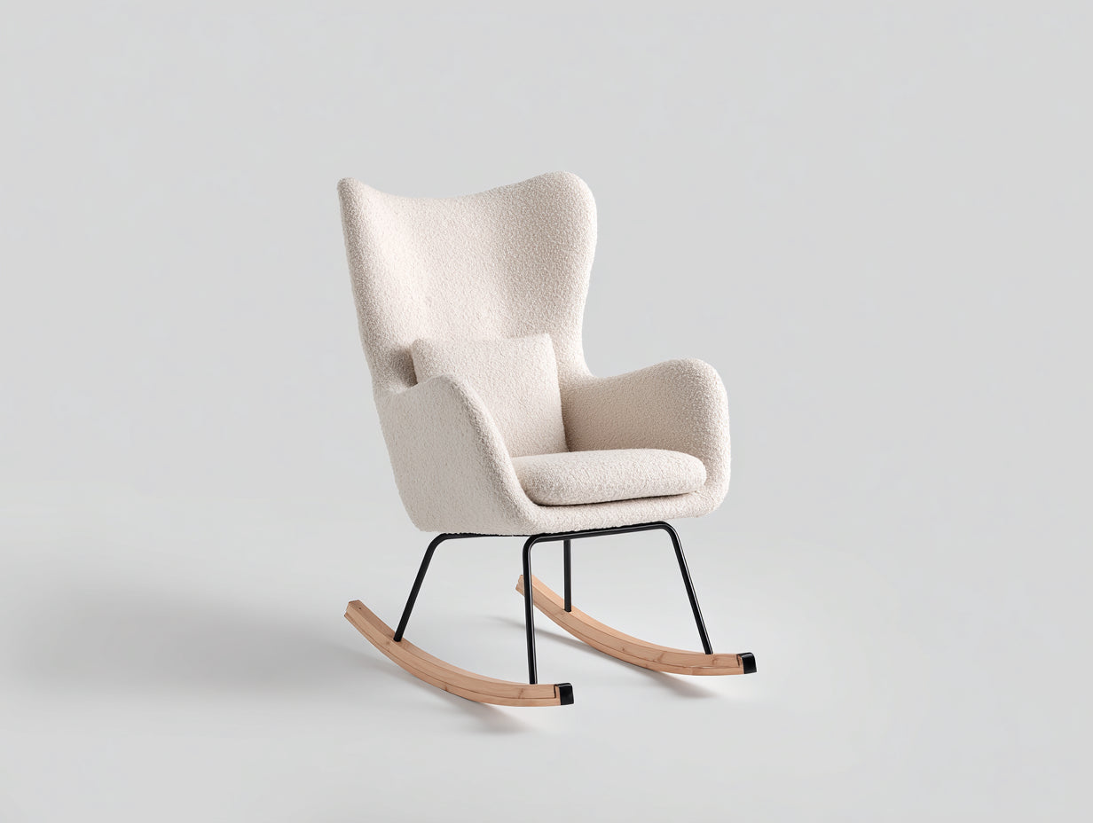 Sedia a dondolo - tessuto bouclé-metallo-legno - 89x74x109 cm - bianco crema-nero-legno naturale - stile nordico